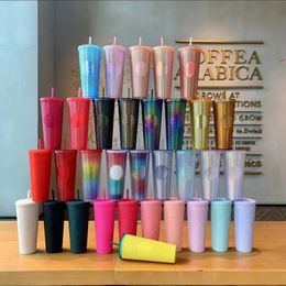 700ml Gepersonaliseerde Starbucks Cold Cup Tumbler Iriserende 24 Bling Rainbow Unicorn Bezolde koffiemok met stro yyfa230