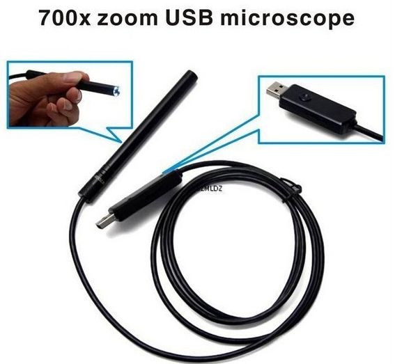 Livraison gratuite 700x zoom usb Endoscope 4 régler la lumière led Objectif 10mm Borescope USB Tube Snake Scope Caméra d'inspection Microscope USB étanche