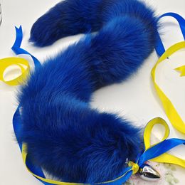 70 cm/27.5 "-Bleu Royal Réel Fourrure De Renard Queue Plug Drôle Adulte Sexe Jeux Doux Costume Fête Cosplay Jouets