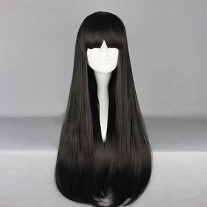 70 CM Vrouwen Anime BasicLolita Zwarte Lange Rechte Party Neat Bang Cosplay Pruik + Cap