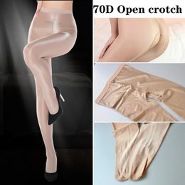 70D femmes Sexy brillant ouvert entrejambe brillant huile collants épais bonne qualité une ligne haute stretch huile bas 240106