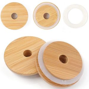 Tapa de tapa de bambú Tapas de albañil Tapas de tapas de bambú reutilizables Tapas con orificio de paja y sello de silicona para albañiles Canning Frascos para beber Top