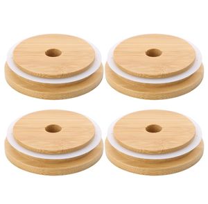 70mm / 86mm Large Bouche Réutilisable Couvercles En Bambou Mason Jar Canning Caps Avec Trou De Paille Non Fuite Silicone D'étanchéité Couvertures En Bois Pot De Stockage Potable Couvercle