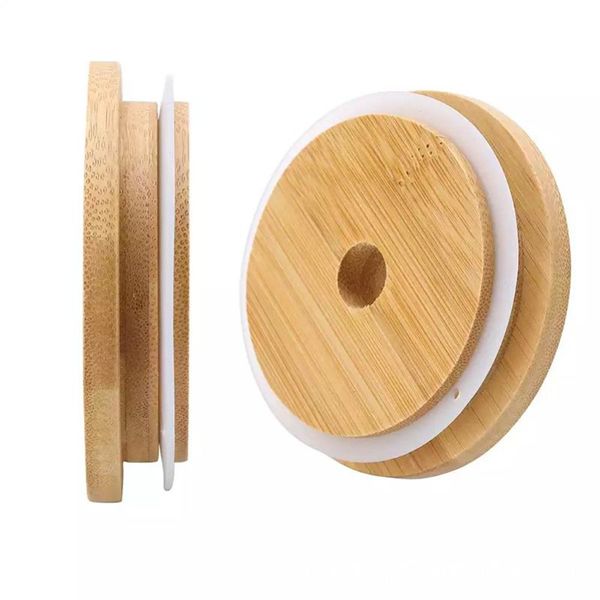 Tapas de taza de bambú de 70 mm y 88 mm Tapa de tarro de albañil de madera reutilizable con agujero de paja y cubierta de tazón de sello de silicona al por mayor
