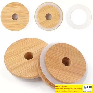 Couvercles en bambou réutilisables à large bouche de 70 mm, 86 mm, bouchons de mise en conserve avec trou de paille, couvercles en bois d'étanchéité en silicone sans fuite pour boire S