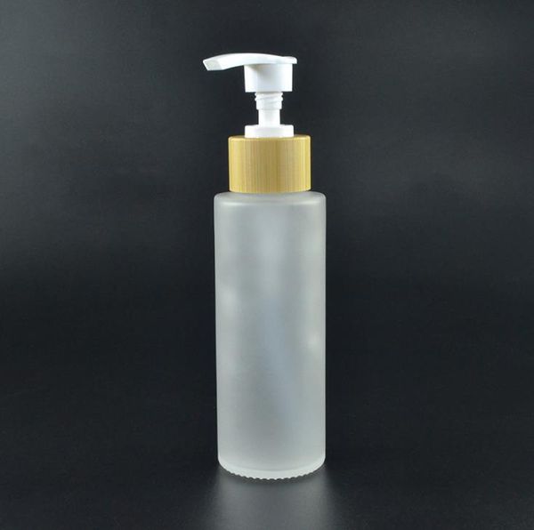 70pcs * 100 ml bouteille de verre givre avec pompe de bambou pompe émulsion pompe bouteilles emballage vides cosmétiques emballage verre bouteille de pulvérisation SN5010