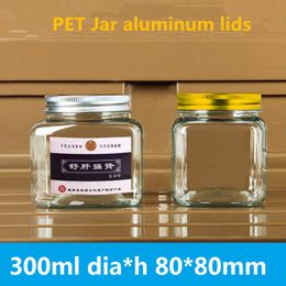 70 stks / partij 80 * 80mm vierkante honing pot huisdier mason jar snoep doos kruid thee transparante noten voedsel verzegeld hoge kwaliteit 300ml edelsteen