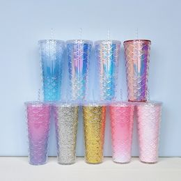 710 ml Acryl Tumblers 24oz jubileum kleurrijke reli￫f vissen schaal cup grote capaciteit plastic stro kopje doorzichtige plastic tuimelaars