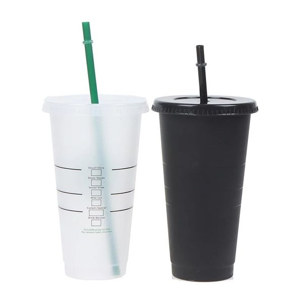 710 ml noir blanc tasse tasses de paille avec couvercle changement de couleur tasse à café tasses réutilisables gobelet en plastique finition mate tasses à café