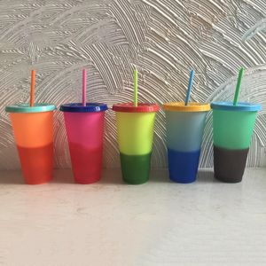 710ML PP Temperatura Mágica Cambio de color Tazas Colorido Agua fría Cambio de color Taza de café Taza Botellas de agua con pajitas 5pcs LJ200821