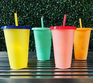 710 ml Temperatura Color Cambio de tazas frías Café de jugo de vaso de plástico Reutilizable Café con pajitas Bebera de agua 1PC4564671
