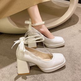 719 Sangle de robe Perles Lucyever Plateaux Pumps Femmes Fashion High Heels White Mary Janes Femme Chaussures de mariage à talons épais 230717 426