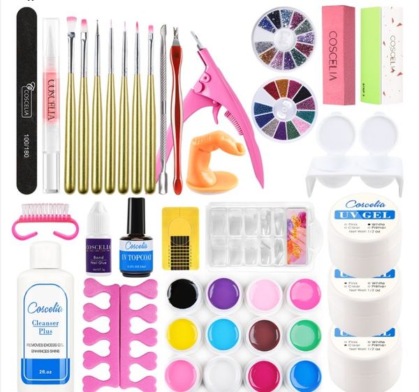 Venta caliente 72 colores Kit de polvo de brillo acrílico Todo para manicura Kit de uñas acrílicas Cepillo para empujador de uñas Barniz Semi permanente Uv Set