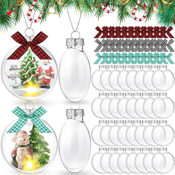 72 Pack 3 Boules de Noël LED à Suspendre de 15 Pouces avec Ampoules et Noeuds Boules de Boules à Remplir en Plastique Transparent Ornements de Noël Transparents Plast