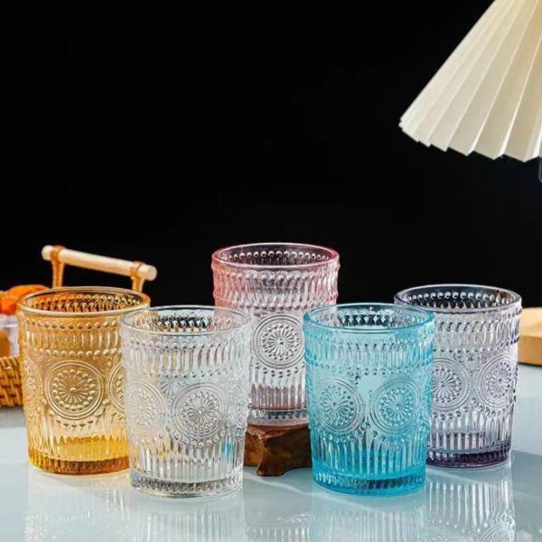 72 piezas / caja Vasos vintage para beber Vasos de agua románticos Vaso de cristal romántico en relieve para jugos Bebidas Cerveza Cóctel Vaso de cristal romántico