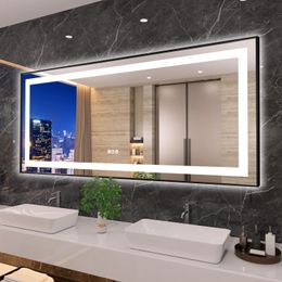 Espejo de baño LED de 72 "x 32" enmarcado, luz frontal y retroiluminada, regulable continuamente, antivaho, inastillable, 3 colores, espejo de tocador LED doble