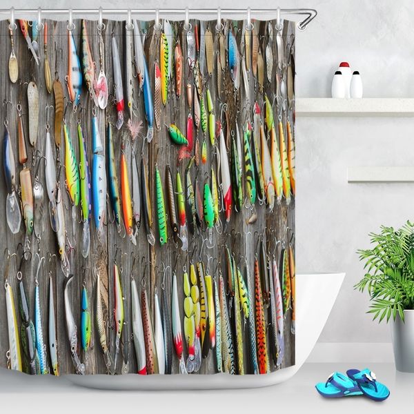 72 '' leurres de pêche utilisés sur la vieille clôture en bois salle de bain tissu imperméable rideau de douche polyester 12 crochets ensembles d'accessoires de bain Y200108