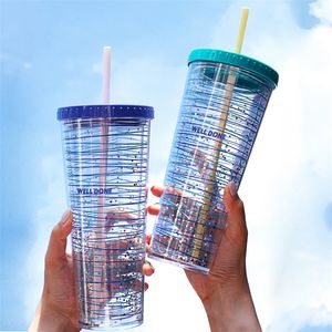 720 ml grote capaciteit stro kopje dubbele laag plastic met deksels en BPA gratis transparant ijs draagbare waterfles 220509