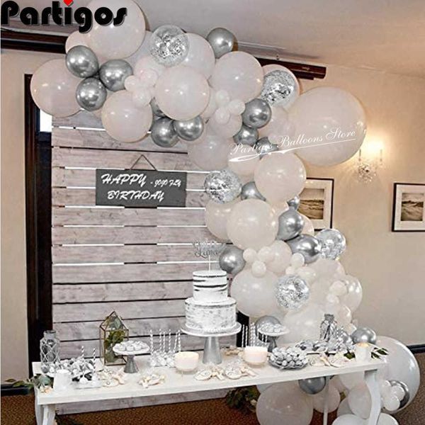 72pcs blanc argent métal ballon guirlande arc ensemble 12 pouces confettis ballon bébé douche mariage décoration fond mur fournitures 210626
