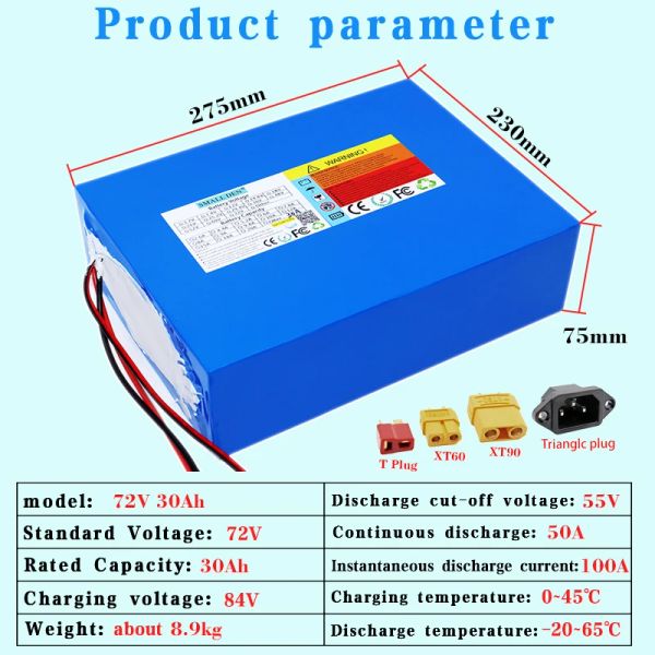 72V 15AH / 20AH / 30AH 21700 Batterie au lithium Pack 0-3000W moteur High Power Electric Bike Scooter Motorcycle Batterie + 84V 5A Charger