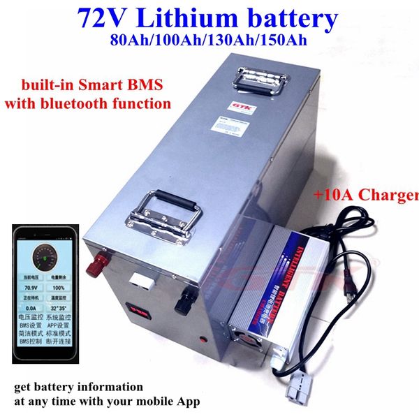 Batterie Lithium-ion 72V, 80ah, 100ah, 130ah, 150ah, BMS avec bluetooth, pour onduleur EV, alimentation, camping-car, robot RV + chargeur 10a