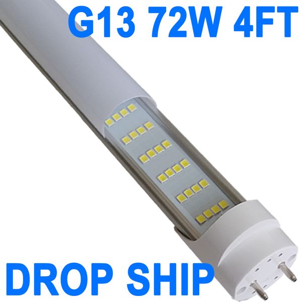 Tube LED T8 72 W 4 rangées 4 pieds (équivalent à 45,8 pouces), remplacement d'ampoules fluorescentes avec pilote NO-RF RM, couvercle laiteux, blanc 6500 K, lampe d'atelier pour garage, entrepôt crestech