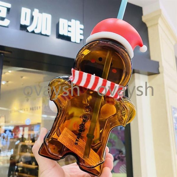 730Ml Starbucks Verre Mignon Tasses Dessin Animé Gingerbread Man Forme avec Paille et Écharpe Haute Borosilicate Environnemental Résistant À La Chaleur 255N