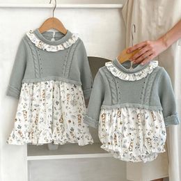 Vêtements d'automne pour petites sœurs, tricotés et épissés, imprimés pour filles ou robes, 7315, 240311