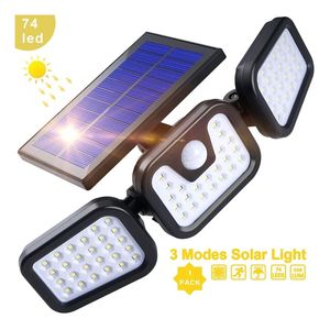 Lampe solaire à 74 LED avec capteur de mouvement PIR, éclairage sur 3 côtés, sans fil, grand Angle de 270 degrés, étanche IP65, lampadaire