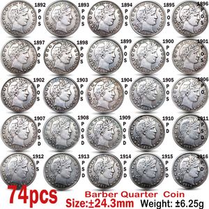 74pcs USA Old Color coins 1892-1916 Barber Quarter Copy 24mm Coin Art collection