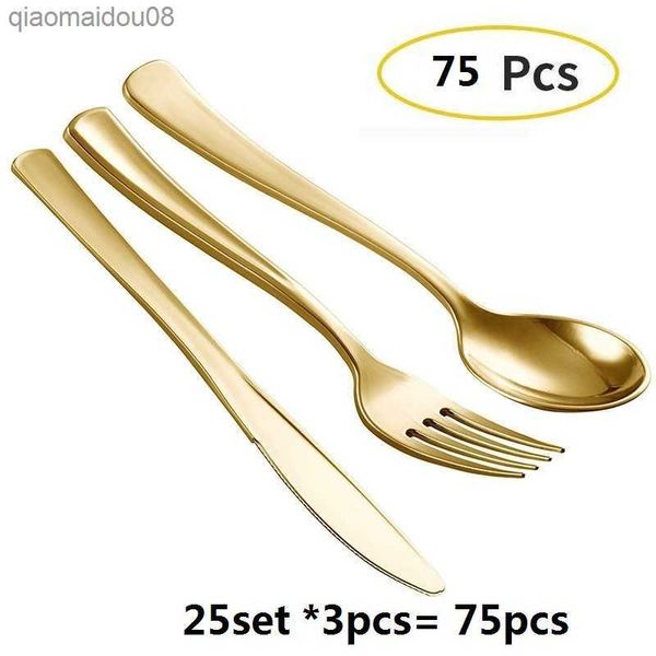 75-300pcs Jetable Or Couverts En Plastique De Noce Vaisselle Ensemble Bronze Doré Dîner Couteau Fourchette Cuillère Anniversaire Argenterie L230704