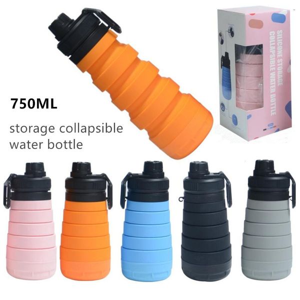 750ml de qualité alimentaire 25 oz rétractable de stockage en silicone Bouteille d'eau pliable Pliable Sport Bouteille d'eau potable Voyage BPA bouteille Tasses