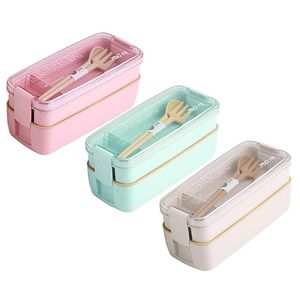 750 ml gezond materiaal tarwebaan Bento Boxes 2 Layer Lunch Box Microwave Microwave Dinware Food Storage Container Lunchbox T200710311333