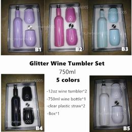 750 ml Sublimatie Glitter Wine Tumblers Set Roestvrijstalen DIY-wijnflessen met twee 12oz mok gift souvenir