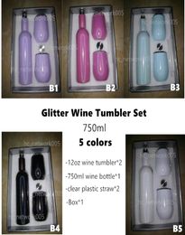 750 ml Sublimatie Glitter Wine Tumbler Set roestvrijstalen wijnflessen met twee 12oz wijntuimelaars Gift Souvenir Set Sea Shi5363457