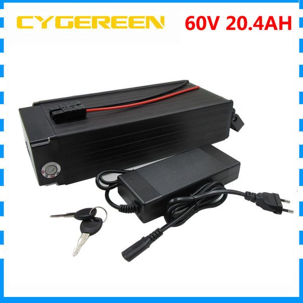 750W 60V batterie de vélo électrique 20.4Ah batterie au Lithium de Scooter électrique 60V support arrière utilisation pour cellule 3400mah 16S6P + 2A chargeur 15A BMS