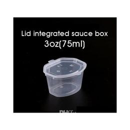 Vasos de salsa de plástico desechables de 75 ml y 3 oz con tapa Caja de chutney para condimentos Caja transparente para llevar Comida para llevar Caja de almacenamiento pequeña 100 piezas Sn302o