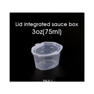 Vasos de salsa de plástico desechables de 75 ml y 3 onzas con tapa Caja de chutney para condimentos Caja transparente para llevar Comida para llevar Caja de almacenamiento pequeña 100 piezas Sn2817