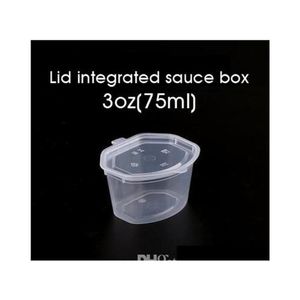 Vasos de salsa de plástico desechables de 75 ml y 3 oz con tapa Caja de chutney para condimentos Caja transparente para llevar Comida para llevar Caja de almacenamiento pequeña 100 piezas Sn288H