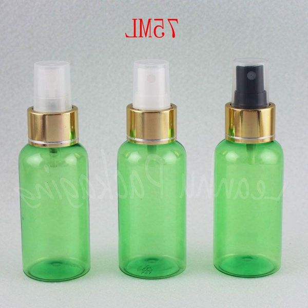 Bouteille en plastique vert 75ML avec pompe de pulvérisation dorée, sous-embouteillage d'eau/Toner de maquillage 75CC, récipient cosmétique vide Iufwi