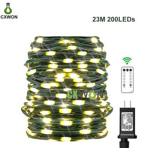 76 pies 200 LED Luces de cadena navideñas para exteriores Luz de hadas 8 modos Cable verde Cuerdas LED Iluminación centelleante a prueba de agua Blanco cálido Color Mulit 24 V