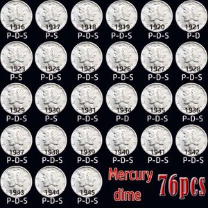 76 pièces de monnaie américaines 1916-1945, copie de mercure, pièces lumineuses de différents âges, ensemble de pièces plaquées argent 238h