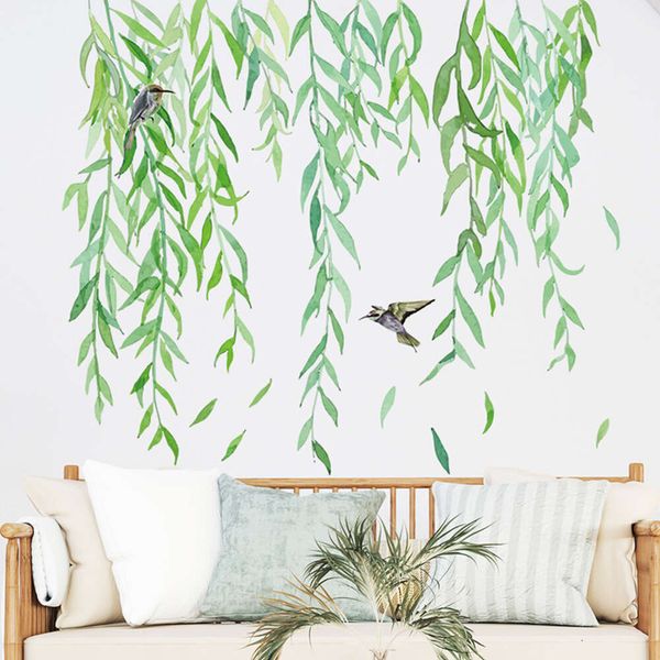 76x90cm pintura a mano rama de sauce hojas verdes pegatinas de pared de pájaros para sala de estar dormitorio planta pegatinas de pared decoración del hogar murales
