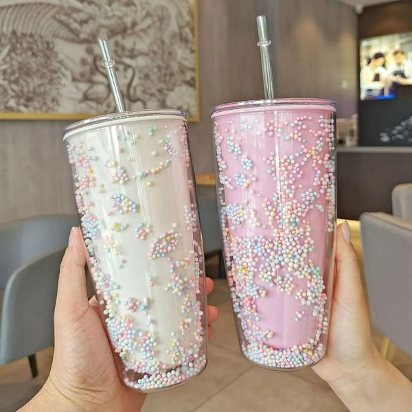 780 ml de tope de paja grande linda kawaii macarrones burbujas tazas de burbujas con pajitas botellas de agua de plástico dobles para niñas mujeres 240422