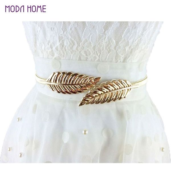 78cm 70cm Vintage mujer cintura diseño de hojas cinturón de Metal flaco elástico Cinturon Ceinture Femme oro plata Cummerbund327G