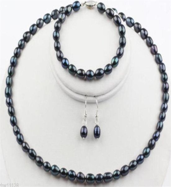 78mm naturel noir riz perle d'eau douce collier Bracelet boucles d'oreilles bijoux Set243r5463622