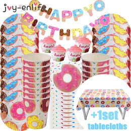 78pcs / set Donut Party Ballon Vaisselle Assiettes En Papier Tasses Serviettes Bannière Baby Shower 1er Fête D'anniversaire Décoration Fournitures 210408