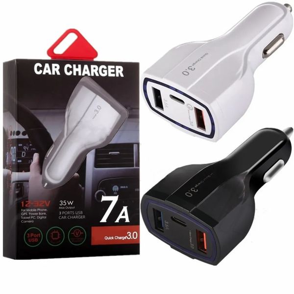 7A 3Ports Type C Chargeur de voiture 35W QC3.0 Charge rapide rapide PD Chargeurs USB C Adaptateur secteur automatique pour iPhone 12 13 14 15 Samsung S22 S23 avec boîte