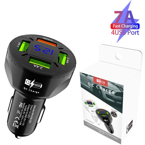 Cargador de coche 7A de 4 puertos pantalla Digital carga rápida QC3.0 USB carga rápida para iPhone Xiaomi Redmi OPPO Vivo Huawei adaptador