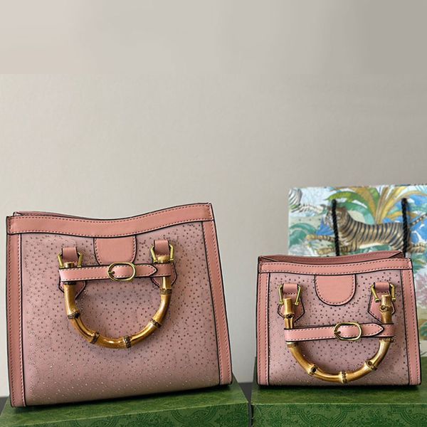 7A Bolsas de asas de bambú Bolso de asa Bolso de mensajero Diana de alta calidad Solapa Diseño cuadrado Piel de becerro Diamante de imitación Compras Desmontable Correa ancha para el hombro Moda